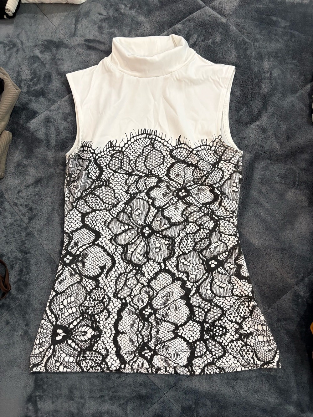 Sleeveless White Mock Neck Top with Black Lace Print Ahrir
